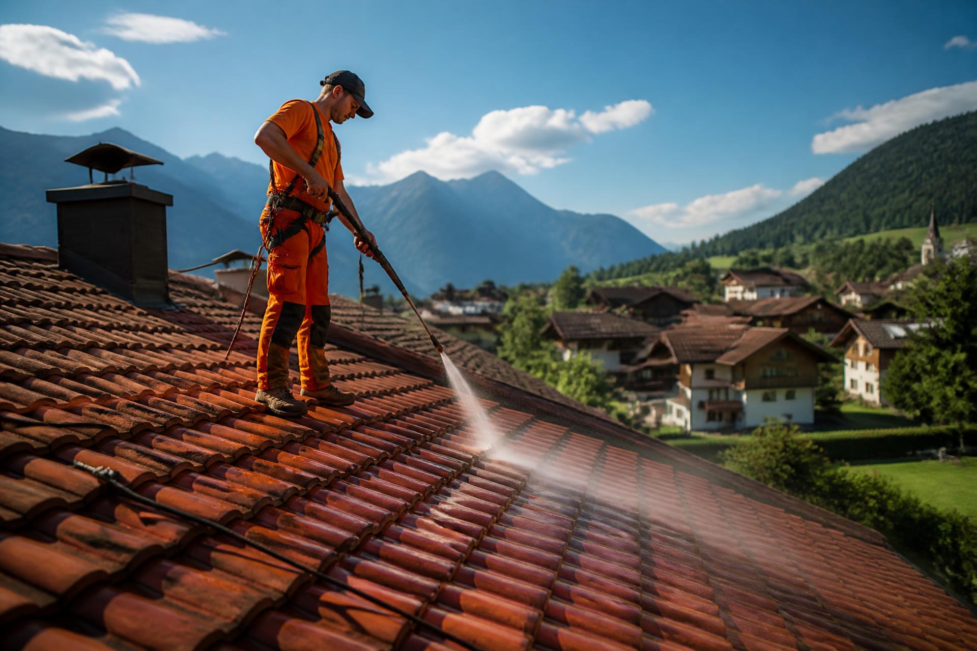 Artisan Alpes Entretien Toitures nettoyant une toiture en tuiles au pied des Alpes