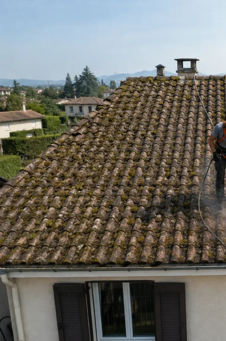Toiture avant intervention — Nettoyage complet : démoussage, décapage et hydrofuge, La Roche-sur-Foron